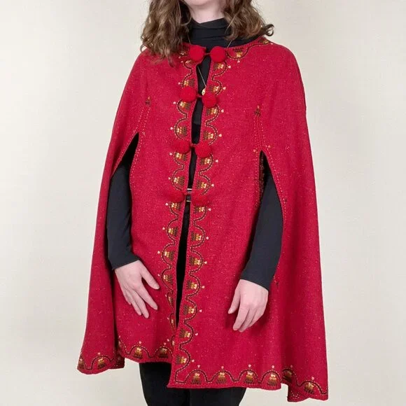 Vintage Handmade Embroidered Poncho Cape Crochet Woven Jacket Coat Cloak Long - Picture 5 of 5